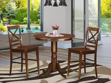 East West Furniture JAQU3-MAH-W 3 Piece Counter Height Pub Set for Small Spaces Contains a Round Dining Room Table with Pedestal and 2 Kitchen Chairs, 36x36 Inch, Mahogany - LeafyLoom