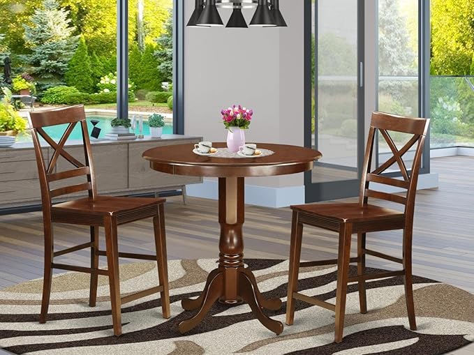 East West Furniture JAQU3-MAH-W 3 Piece Counter Height Pub Set for Small Spaces Contains a Round Dining Room Table with Pedestal and 2 Kitchen Chairs, 36x36 Inch, Mahogany - LeafyLoom