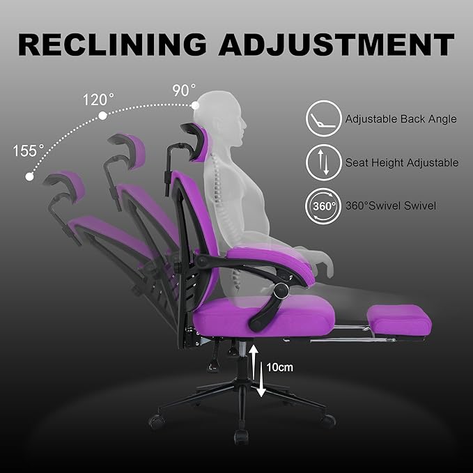 Vonesse Ergonomic Office Chair with Footrest High Back Computer Mesh Office Chairs with Footrest Big and Tall Office Chair Reclining Home Office Chair Desk Chair Purple - LeafyLoom