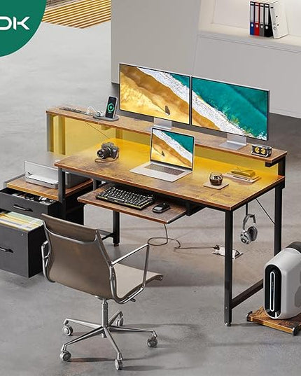 AODK 55 Inch Computer Desk with Power Outlets and LED Light, Reversible Office Desk with File Cabinet & Drawer, Gaming Desk with Keyboard Tray and Full Monitor Riser and PC Stand, Study Table, Vintage - LeafyLoom
