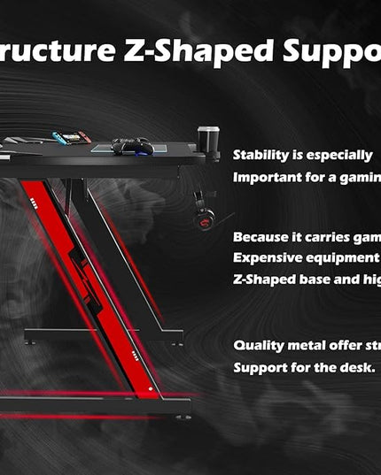 PC Gaming Desk 44 Inch Z Shaped Carbon Fiber Surface Desktop Computer Table with Cup Holder & Headphone Hook, Black - LeafyLoom