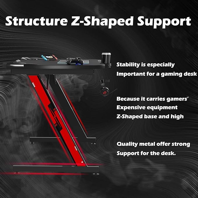 PC Gaming Desk 44 Inch Z Shaped Carbon Fiber Surface Desktop Computer Table with Cup Holder & Headphone Hook, Black - LeafyLoom