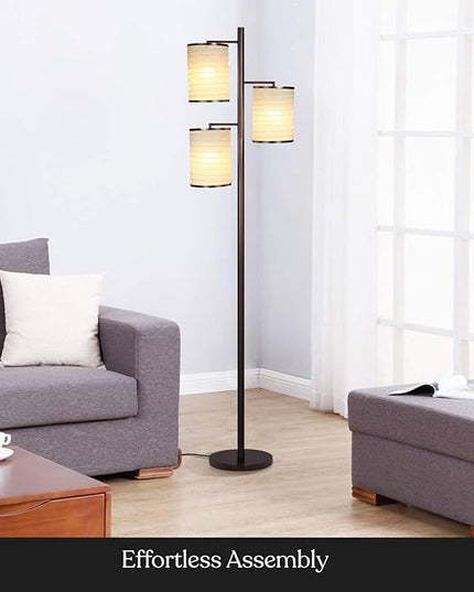 Brightech Liam Floor Lamp, Great Living Room Décor, Tall Tree Lamp for Offices, Asian Lantern Shade Lamp for Living Rooms, Standing Lamp with 3 LED Light Bulbs for Bedroom Reading - Bronze - LeafyLoom