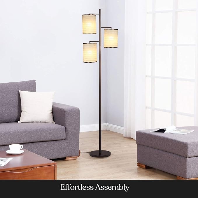 Brightech Liam Floor Lamp, Great Living Room Décor, Tall Tree Lamp for Offices, Asian Lantern Shade Lamp for Living Rooms, Standing Lamp with 3 LED Light Bulbs for Bedroom Reading - Bronze - LeafyLoom
