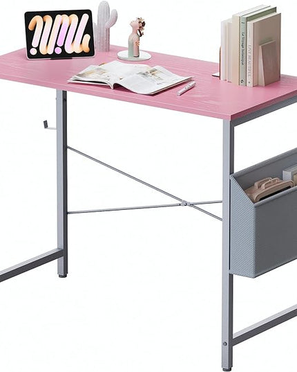 Pamray 32 Inch Computer Desk Small Spaces Desk with Storage Bag for Bedroom Writing and Home Office Work Small Study Desk Table Pink - LeafyLoom