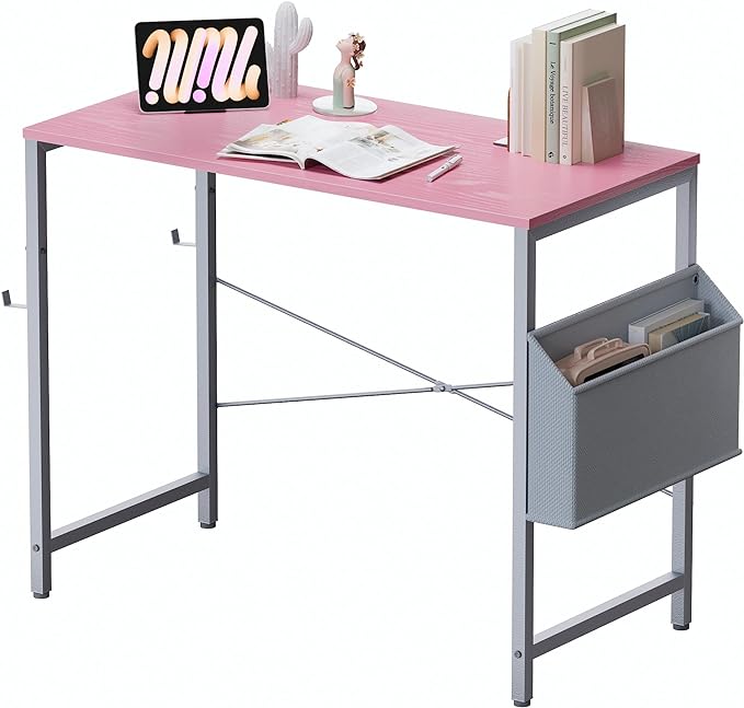 Pamray 32 Inch Computer Desk Small Spaces Desk with Storage Bag for Bedroom Writing and Home Office Work Small Study Desk Table Pink - LeafyLoom