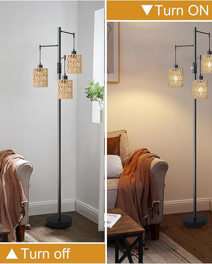 Floor Lamps for Living Room,3 Light Rattan Standing Tall Lamp with Foot Switch & Sturdy Base,Farmhouse Rustic Tree Black Vintage Floor Lamp for Bedroom Office - LeafyLoom