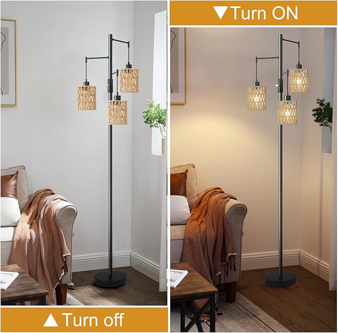 Floor Lamps for Living Room,3 Light Rattan Standing Tall Lamp with Foot Switch & Sturdy Base,Farmhouse Rustic Tree Black Vintage Floor Lamp for Bedroom Office - LeafyLoom