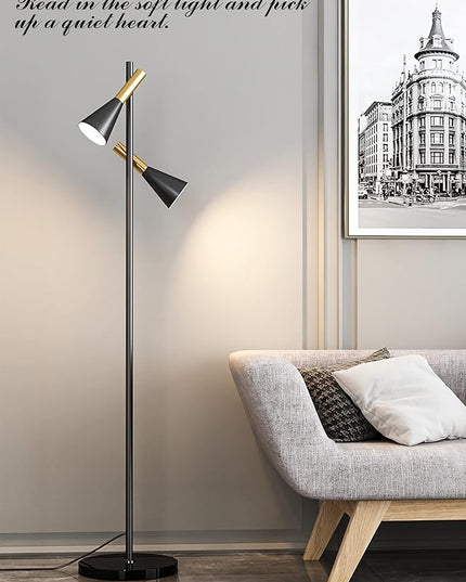 Modern Floor Lamp with 2 Adjustable Head Tall Pole Uplight for Living Room, Bedroom, Office,Gold and Black Corner Light for Reading,E26 Bulbs(Not Included) - LeafyLoom