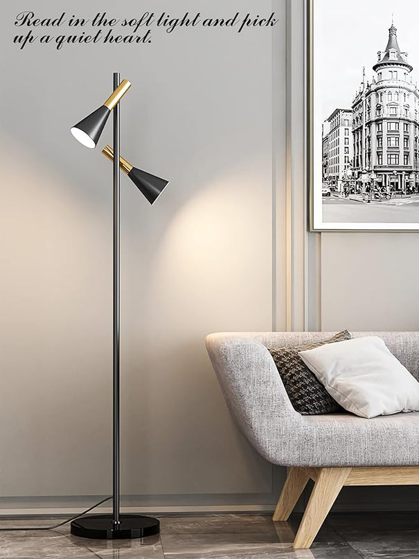 Modern Floor Lamp with 2 Adjustable Head Tall Pole Uplight for Living Room, Bedroom, Office,Gold and Black Corner Light for Reading,E26 Bulbs(Not Included) - LeafyLoom