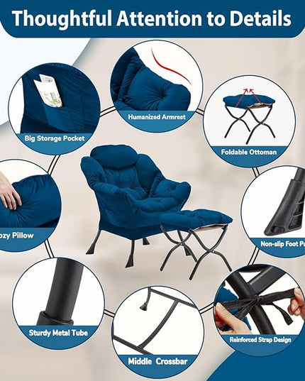 Lazy Chair with Folding Ottoman, Accent Chair Velvet Upholstered with Metal Structure and Non-Slip Pads, Sofa Armchair with Footrest and Side Storage Bag for Dorm, Room, Office, Blue - LeafyLoom