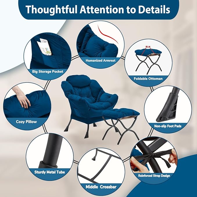 Lazy Chair with Folding Ottoman, Accent Chair Velvet Upholstered with Metal Structure and Non-Slip Pads, Sofa Armchair with Footrest and Side Storage Bag for Dorm, Room, Office, Blue - LeafyLoom