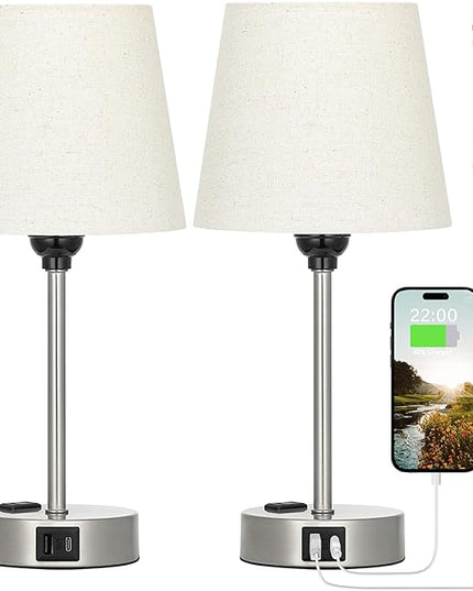 Table Lamps for Bedrooms Set of 2 Bedside - Nightstand Bedroom Lamp with USB C Port and AC Outlet Charging, Dimmable Touch Small End Side Lamp, Beige Night Stand Light for Kid/Guest Room/Living Room - LeafyLoom