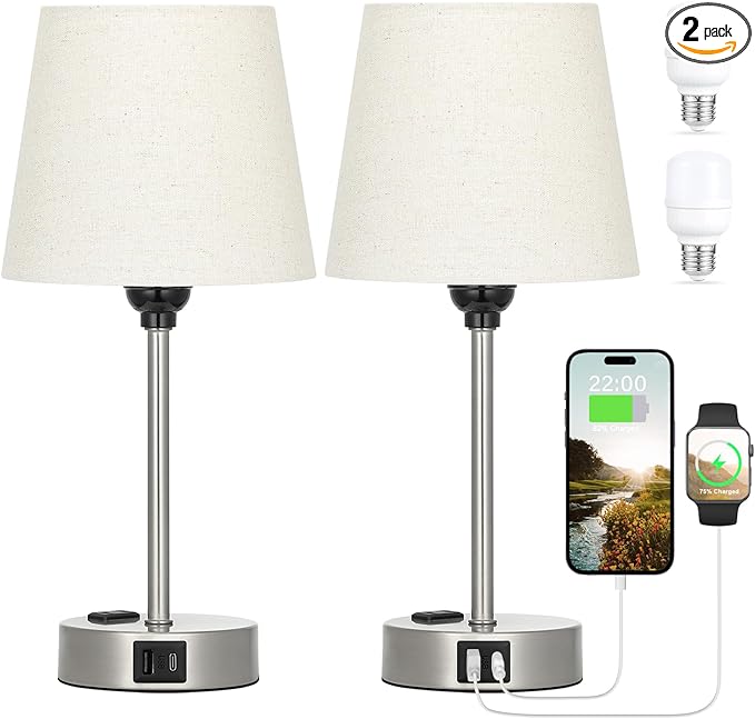 Table Lamps for Bedrooms Set of 2 Bedside - Nightstand Bedroom Lamp with USB C Port and AC Outlet Charging, Dimmable Touch Small End Side Lamp, Beige Night Stand Light for Kid/Guest Room/Living Room - LeafyLoom