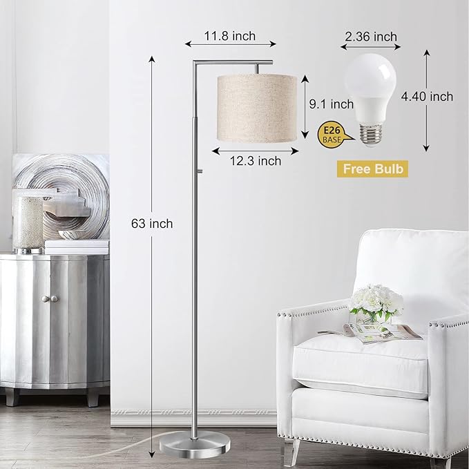 Dimmable Floor Lamp, 4-Color Temperature Modern Standing Lamp with Remote Control & Beige Shade, Tall Pole Floor Lamp for Living Room, Bedroom, Study Room, Office (LED Bulb Included) -Silver - LeafyLoom