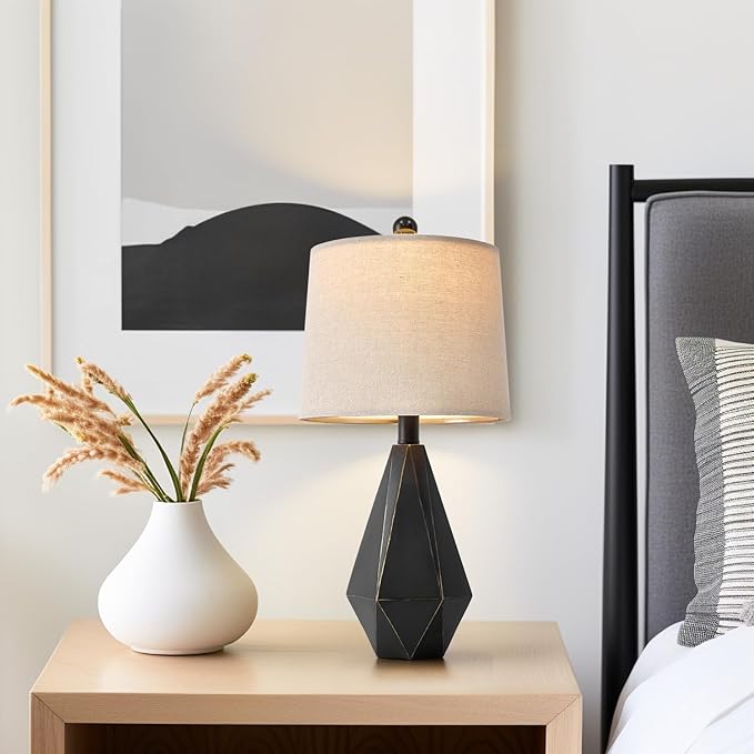 PoKat 20.25'' Table Lamp for Bedroom - Single Bedside Lamp for Night Stand, Small Bedroom Lamp, Modern Night Stand Lamp with Shade, Farmhouse Table Lamp for Living Room, Kids Room, End Table, Black - LeafyLoom
