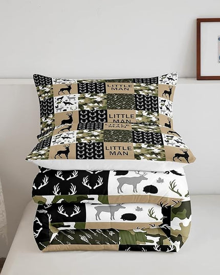 Kids Deer Antlers Animal Silhouettes Comforter Set King Size,Camo Geometric Lattices Bedding Set 3pcs for Adults Cabin Decor,Nordic Boho Arrows Quilt Set,Rustic Retro Green Duvet Insert,2 Pillowcases - LeafyLoom