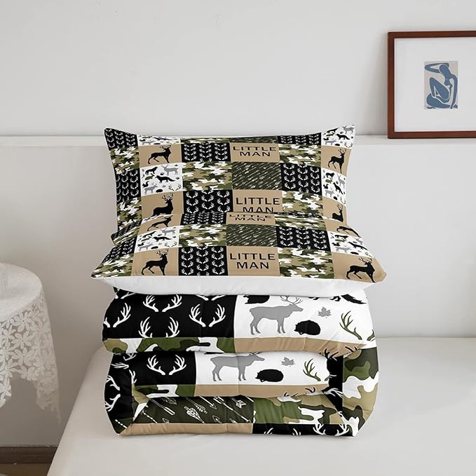 Kids Deer Antlers Animal Silhouettes Comforter Set King Size,Camo Geometric Lattices Bedding Set 3pcs for Adults Cabin Decor,Nordic Boho Arrows Quilt Set,Rustic Retro Green Duvet Insert,2 Pillowcases - LeafyLoom