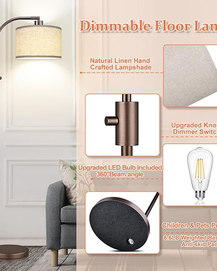 【Upgraded】 Dimmable Floor Lamp, 1200 Lumens LED Bulb Included, Bronw Arc Floor Lamps for Living Room Modern Standing Lamp with Linen Shade, Tall Lamp for Living Room Bedroom Reading Room Nursery - LeafyLoom