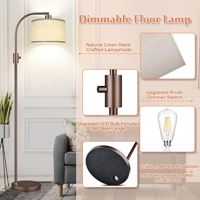 【Upgraded】 Dimmable Floor Lamp, 1200 Lumens LED Bulb Included, Bronw Arc Floor Lamps for Living Room Modern Standing Lamp with Linen Shade, Tall Lamp for Living Room Bedroom Reading Room Nursery - LeafyLoom