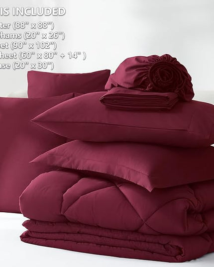 CozyLux Queen Comforter Set with Sheets 7 Pieces Bed in a Bag Burgundy All Season Bedding Sets with Comforter, Pillow Shams, Flat Sheet, Fitted Sheet and Pillowcases, Red, Queen - LeafyLoom