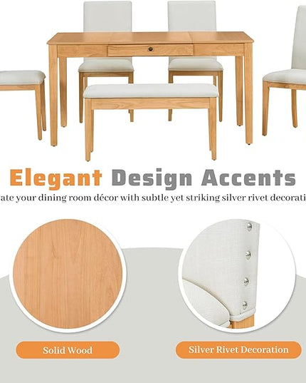 Dining Table Set for 6 with Drawer, Kitchen Table Set with Storage Table, Dining Room Table Set with Storable Bench and Upholstered Chairs for Living Room, Beige+Natural - LeafyLoom