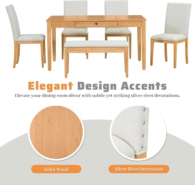 Dining Table Set for 6 with Drawer, Kitchen Table Set with Storage Table, Dining Room Table Set with Storable Bench and Upholstered Chairs for Living Room, Beige+Natural - LeafyLoom