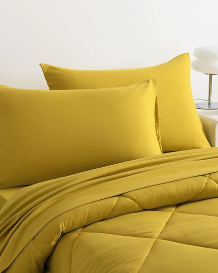 NTBAY Twin Comforter Set with Sheets, 5 Pieces Soft and Breathable Twin Bedding Set, Twin Bed in a Bag, Down Alternative Comforter Set Solid Color All Season, Kids Bedding Set, Yellow - LeafyLoom