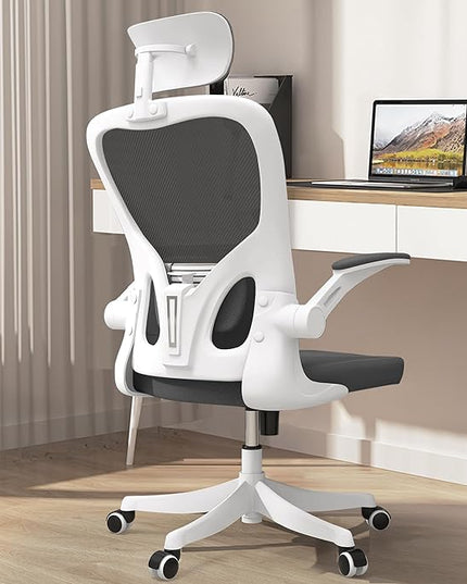 Office Chair, Ergonomic Office Chair with Lumbar Support & 3D Headrest & Flip Up Arms Home Office Desk Chairs Rockable High Back Swivel Computer Chair White Frame Black Mesh Study Chair - LeafyLoom