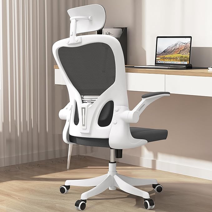 Office Chair, Ergonomic Office Chair with Lumbar Support & 3D Headrest & Flip Up Arms Home Office Desk Chairs Rockable High Back Swivel Computer Chair White Frame Black Mesh Study Chair - LeafyLoom