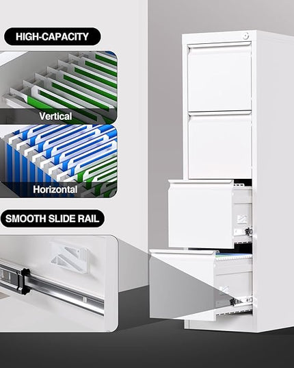 4 Drawer File Cabinet, Office Filing Cabinet with Lock/Drawer, Metal Vertical File Storage Cabinet for A4 Letter/Legal Size, 14.96" W x 17.72" D x 52.36" H, Assembly Required - LeafyLoom
