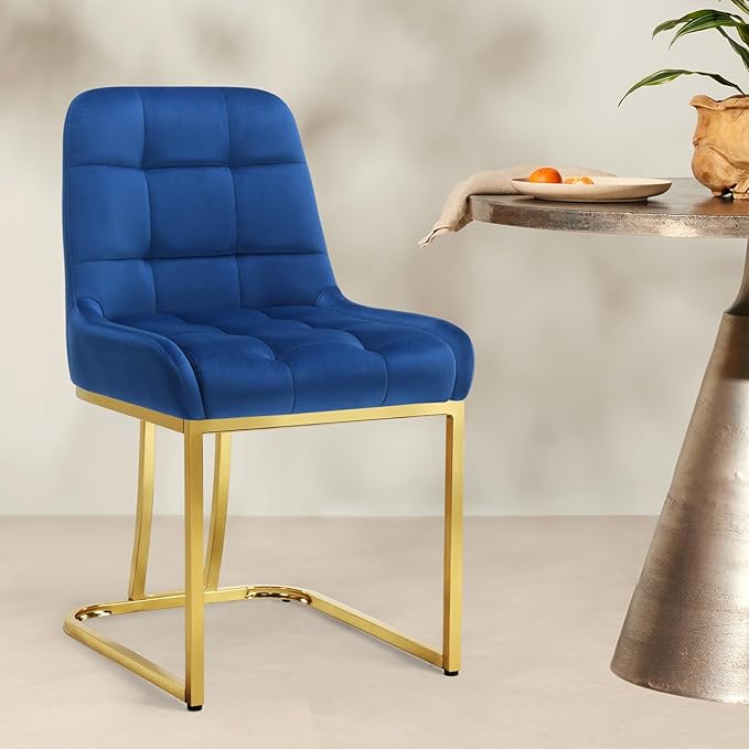 STARY Upholstered Velvet Armless Dining Room Chairs with Gold Metal Legs for Kitchen Restaurant, Blue- Set of 4 - LeafyLoom