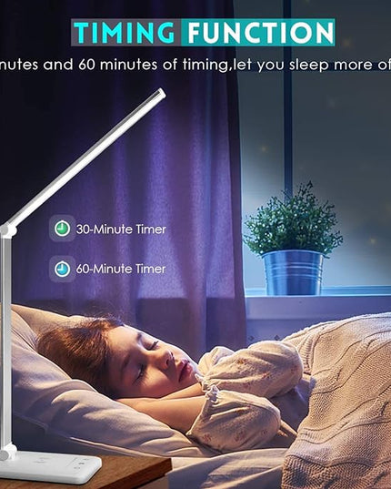 LED Desk Lamp with Wireless Charger, USB Charging Port, Desk Light with 10 Brightness, 5 Color Modes, Dimmable Eye Caring Reading Desk Lamps for Home Office, Touch Control, Auto Timer, White - LeafyLoom