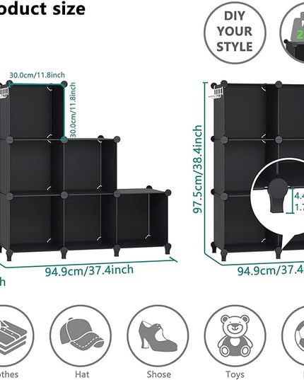 6 Cubes Storage Organizer, Bookcase, Display Shelf with Wooden Mallet, Cabinet Storage for Kids, Adult, Office, Bedroom, Bathroom, Black - LeafyLoom