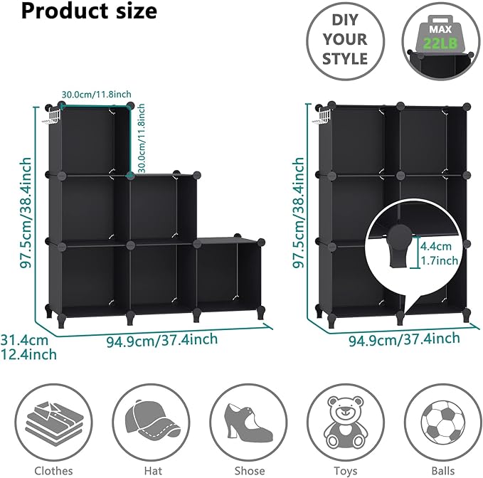 6 Cubes Storage Organizer, Bookcase, Display Shelf with Wooden Mallet, Cabinet Storage for Kids, Adult, Office, Bedroom, Bathroom, Black - LeafyLoom