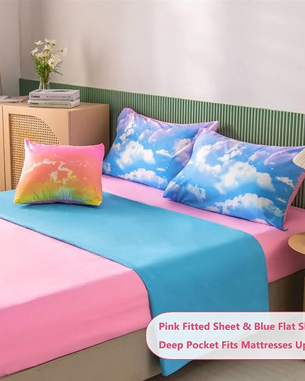 PERFEMET White Cloud Print Girls Comforter Set Queen Size 6 Pieces Teen Girl Tie Dye Bedding Set Colorful Rainbow Bed in A Bag Comforter Set with Sheets - LeafyLoom
