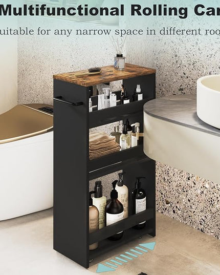 MARTY Rolling Storage Cart 7.9" W, 4-Tier Black Kitchen Cart on Wheels, Slim Storage Cart with Handle for Laundry Narrow Places Bathroom Small Corner - LeafyLoom