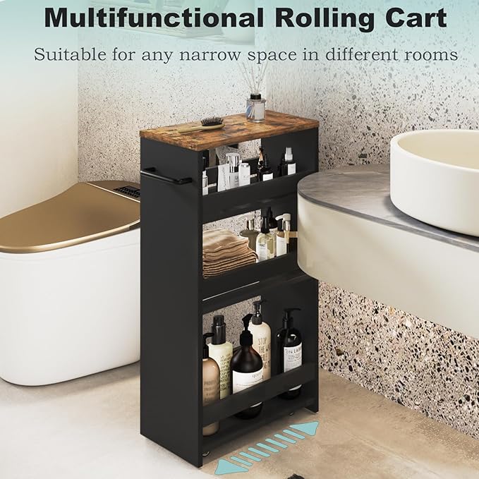 MARTY Rolling Storage Cart 7.9" W, 4-Tier Black Kitchen Cart on Wheels, Slim Storage Cart with Handle for Laundry Narrow Places Bathroom Small Corner - LeafyLoom