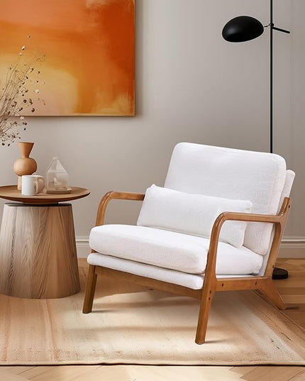 Bonnlo Teddy Fleece White Mid Century Modern Accent Chair, Soild Wood Padding Lounge Armchairs Side Sitting Chairs for Living Room, Bedroom, Guest Room - LeafyLoom