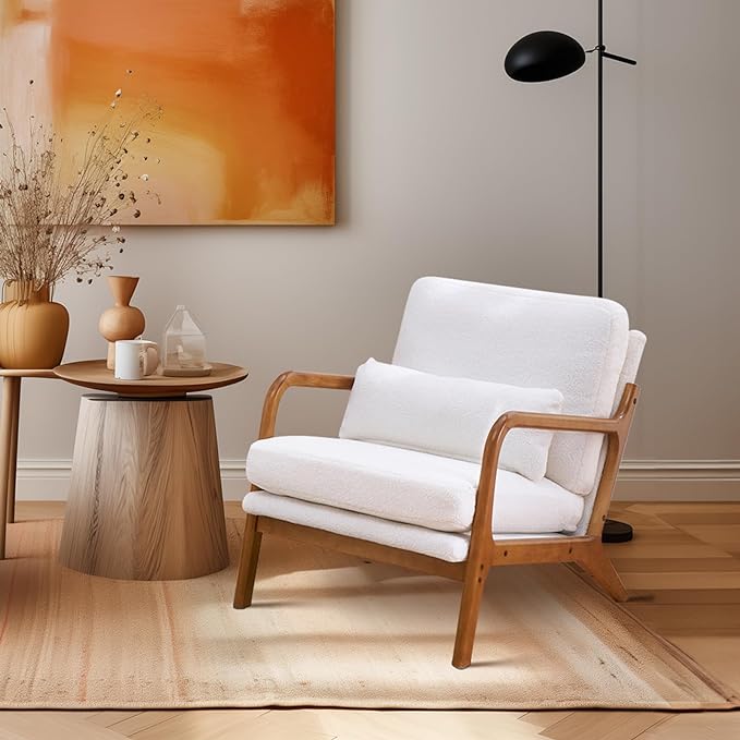 Bonnlo Teddy Fleece White Mid Century Modern Accent Chair, Soild Wood Padding Lounge Armchairs Side Sitting Chairs for Living Room, Bedroom, Guest Room - LeafyLoom