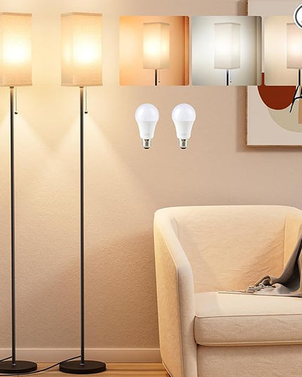 Floor Lamps for Living Room Bedroom - 3 Color Temperature Silver Floor Lamp Set of 2, Modern Standing Lamps with Pull Chain Switch Beige Shade, Tall Lamp for Corner Office(2 Pack) - LeafyLoom