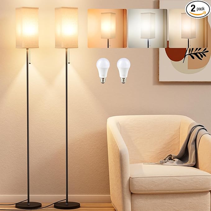 Floor Lamps for Living Room Bedroom - 3 Color Temperature Silver Floor Lamp Set of 2, Modern Standing Lamps with Pull Chain Switch Beige Shade, Tall Lamp for Corner Office(2 Pack) - LeafyLoom