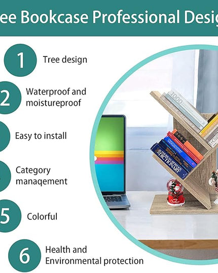 Tree Bookshelf, 3-Tier Small Book Storage Organizer Shelves Floor Standing Bookcase, Wood Storage Rack for Office Home School Shelf Display for Cd/Magazine（French Oak Grey） - LeafyLoom