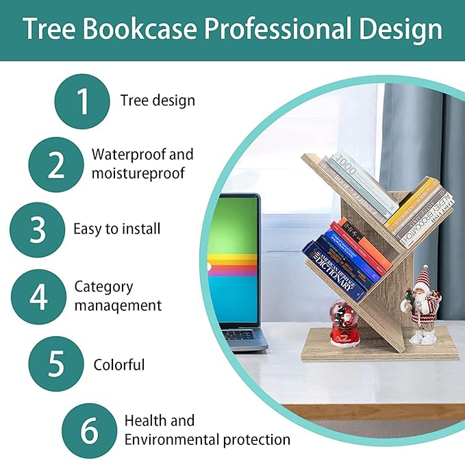 Tree Bookshelf, 3-Tier Small Book Storage Organizer Shelves Floor Standing Bookcase, Wood Storage Rack for Office Home School Shelf Display for Cd/Magazine（French Oak Grey） - LeafyLoom