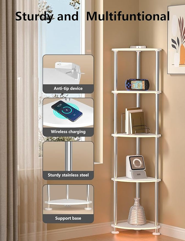 Floor Lamp, Corner Standing Lamp with Shelves, Dimmable Light, Music Sync, Timing, Wireless Charger, and USB Port (Black, 5 Tiers) - LeafyLoom