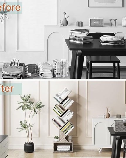 Vagusicc 6 Tier Tree Bookshelf, Modern Floor Standing Bookcase with Storage Drawer, Tall Wood Book Storage Rack for CDs/Books, Utility Book Organizer Shelves for Bedroom/Living Room/Home Office/Corner - LeafyLoom