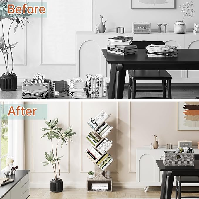 Vagusicc 6 Tier Tree Bookshelf, Modern Floor Standing Bookcase with Storage Drawer, Tall Wood Book Storage Rack for CDs/Books, Utility Book Organizer Shelves for Bedroom/Living Room/Home Office/Corner - LeafyLoom