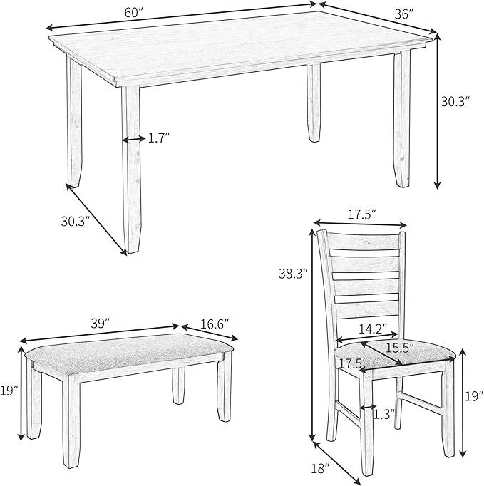 RITSU 6-Piece Solid Wood Dinette Sets includes Rustic Kitchen Dining Table, 4 Upholstered Chairs & Bench, for Diningroom Living Room, Easy to Assemble, Gray 2 - LeafyLoom