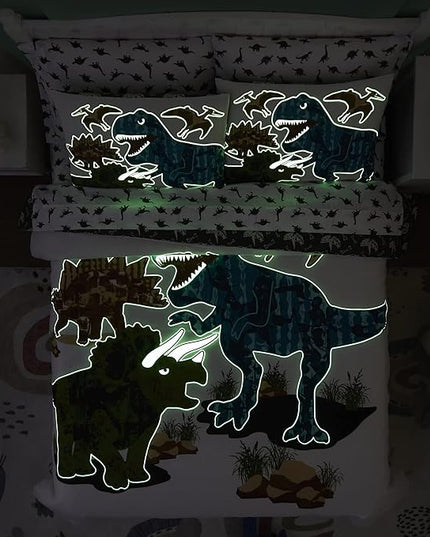KALEIDOSPACE Gilrs Boys Bedding Sets Twin, 5 Piece Glow in The Dark Dinosaur Bed in A Bag-1 Comforter,1 Pillow Sham, 1 Pillowcase, 1 Flat Sheet, 1 Fitted Sheet - LeafyLoom