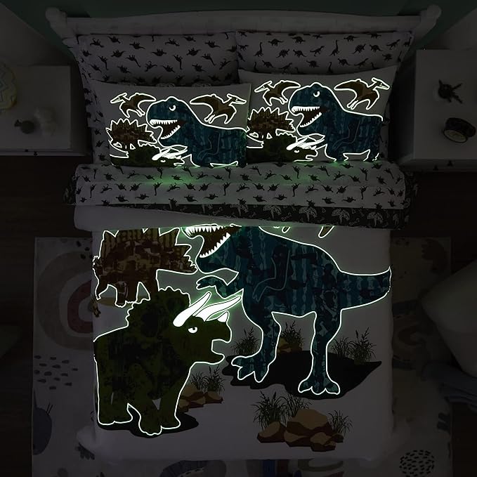 KALEIDOSPACE Gilrs Boys Full Size Bedding Set, 7 Piece Glow in The Dark Dinosaur Bed in A Bag-1 Comforter,2 Pillow Shams, 2 Pillowcases, 1 Flat Sheet, 1 Fitted Sheet - LeafyLoom
